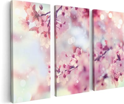 Artaza Canvas Schilderij Drieluik Roze Bloesemboom Met Zonneschijn - 120x80 cm - Wanddecoratie Woonkamer - Schilderijen - Muurdecoratie