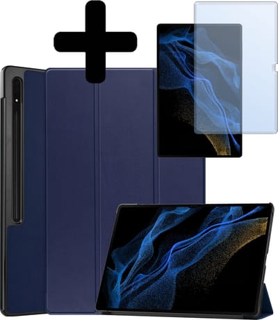 Hoes - Geschikt voor Samsung Galaxy Tab S9 Ultra - Met Screenprotector - Trifold Bookcase - Hard Cover Case - Met Uitsparing Geschikt voor S Pen - Hardcover Book - Tablet Hoesje - Donkerblauw