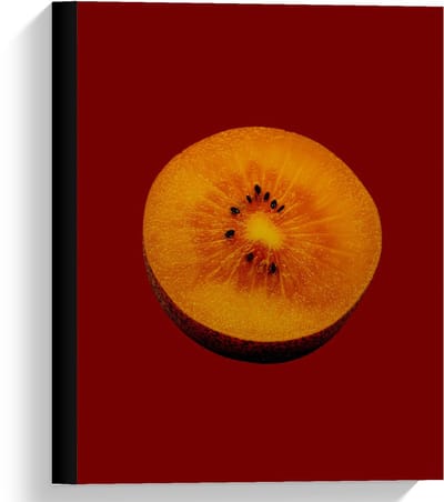 Canvas  - Gele Kiwi op Rode Achtergrond - 30x40cm Foto op Canvas Schilderij (Wanddecoratie op Canvas)