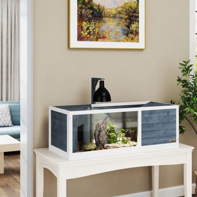 MIVRAY Terrarium Voor Schildpadden – Met Twee Hoofdverblijven En Opklapbaar Bovenpaneel – 120 x 50 x 40 cm – Hout – Grijs