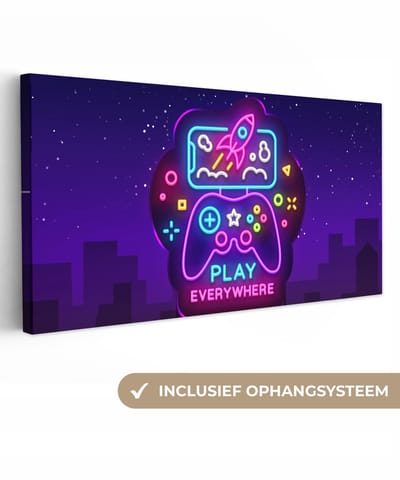 Canvas schilderij 40x20 cm - Wanddecoratie Gaming - Neon - Play - Blauw - Nacht - Controller - Muurdecoratie game room - Gaming kamer decoratie - Gameroom accessoires - Schilderijen - Game Kamer