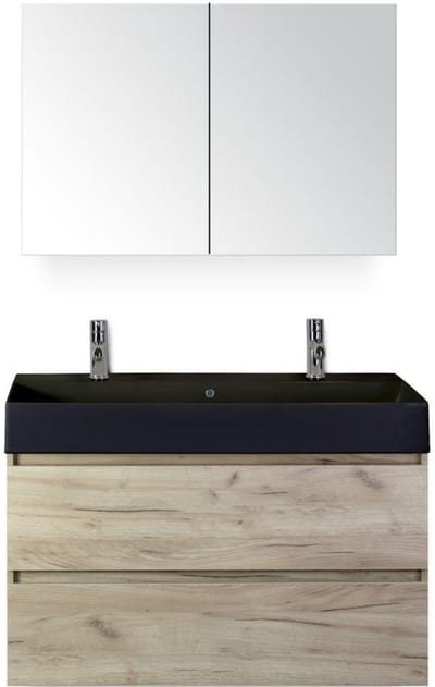Maxx XL Badmeubelset 100 cm - Craft Oak - Wastafel Kube Zwart 2 Kraangaten met Spiegelkast