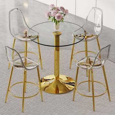 MIVRAY Bartafelset 89 cm - Ronde Glazen Tafel Met 4 Transparante Barkrukken - Voor Open Keuken En Bar - Goudkleurig