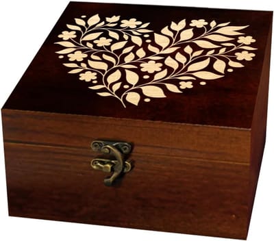 Houten Aandenkendoos - Herinneringen Doos - Sieraden Opbergen - Bloemen Hart Patroon - 12 x 12 x 6 cm - Houtkleur