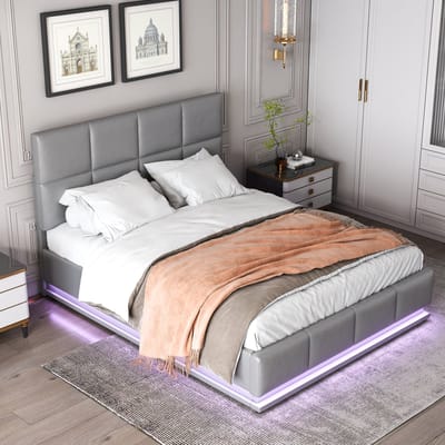 HAUSS SPOLE Gestoffeerd Bed 140x200cm - Met Ledverlichting En Hydraulische Opbergruimte - Met Lattenbodem - Zonder matras - Kunstleer - Grijs