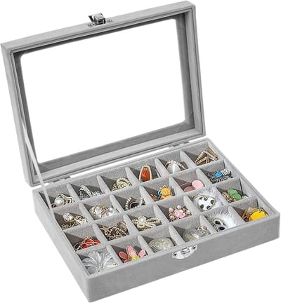 JHUBERS- Sieradenbox 24 Compartimenten - Verstelbare Indeling - Grijze Velvet - Juwelenopslag - Dames - Veilig Sluiting - 20 x 15 x 4,5 cm - Juwelendoos