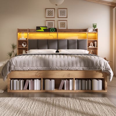 160x200 cm gestoffeerd bed met LED-verlichting - nachtkastje met USB- en Type-C-poort - lade op wieltjes - zonder matras - eik