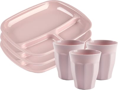 Plasticforte camping servies van kunststof - 6x vakjesborden en 6x drinkbekers - roze - onbreekbaar