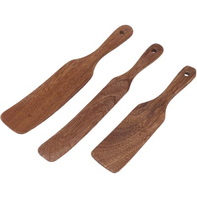 3 stuks Houten Spatel met Brede Schepkop Antislip Teakhouten Draaispatel voor Steak Pizza Melk Salade L