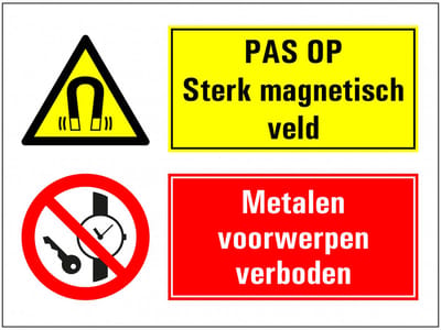 Sterk magnetisch veld, metalen voorwerpen verboden sticker 280 x 210 mm