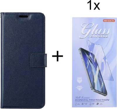 Bookcase Geschikt voor: Motorola Edge 20 Pro - Donkerblauw - portemonnee hoesje met 1 stuk Glas Screen protector