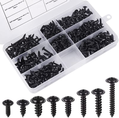 Dailygoods- Plaatschroeven 350 Stuks - Assortiment M3/M3,5/M4 - Platte Kop - Koolstofstaal - Kunststof Doos - Goede Kwaliteit - Schroeven