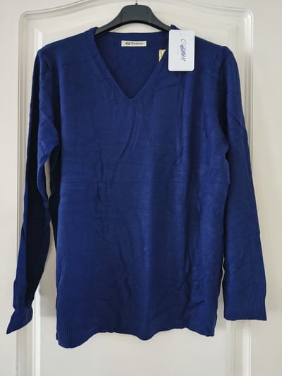 Dames warme trui Alida-V-hals-fijngebreid-effen marine blauw-lange mouwen-maat M/L