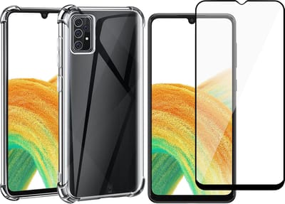 Hoesje geschikt voor Samsung Galaxy A33 - Anti Shock Proof Siliconen Back Cover Case Hoes Transparant - Full Tempered Glass Screenprotector