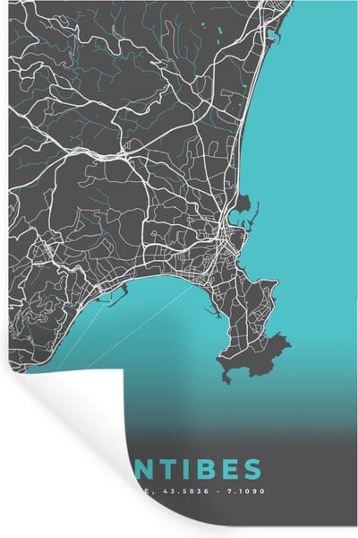 Muurstickers - Sticker Folie - Antibes - Frankrijk - Plattegrond - Kaart - Stadskaart - 20x30 cm - Plakfolie - Muurstickers Kinderkamer - Zelfklevend Behang - Zelfklevend behangpapier - Stickerfolie