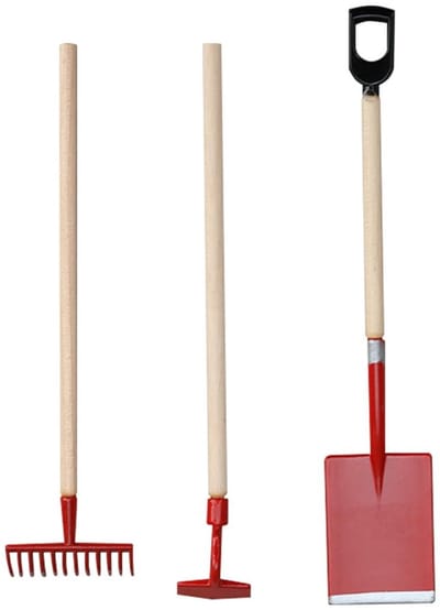 Dailygoods- Tuingereedschap Miniatuurset - 3 Stuks - Hark/Schoffel/Schep - Poppenhuisaccessoires - Schaal 1/12 - Hout/Metaal - Rood - Miniatuurtuingereedschap