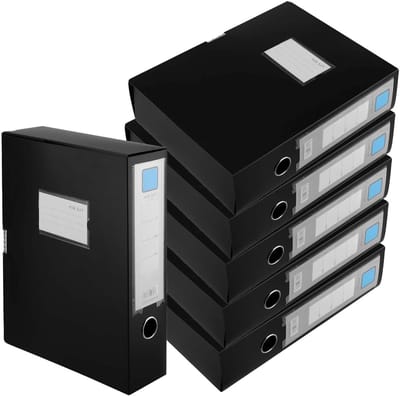 Set van 6 Zwarte A4 Bestandsdozen met Klittenbandsluiting en Ruglabel voor Documentorganisatie en Opberging van Mappen