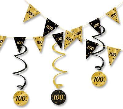 LUQ – Chic Set 100 Jaar – Zwart-Goud – Verjaardag Party Feestpakket Decor – Luxe Slingers Vlaggenlijn – Direct Ophangen