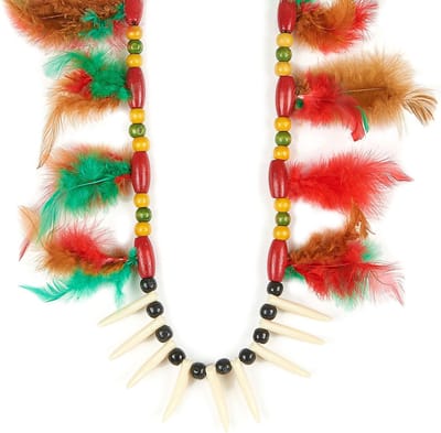 Funny Fashion Indiaan verkleed ketting - rood/groen - tanden en veren - Indianen accessoires