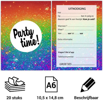 Uitnodiging kinderfeestje Party - Voordeelset 20 stuks - Beschrijfbaar - Uitnodigingskaarten - Uitnodiging verjaardag - uitnodiging verjaardag feest - Uitnodiging kinderfeestje Jongen of Meisje - Uitnodiging feestje - uitnodigingen