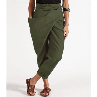 Dames Zomerbroek Irreguliere Zakken Streetwear Effen Kleur Hoge Taille Trendy Rechte Wijde Pijpen Cropped Broek voor Dating XL donkergroene kleur