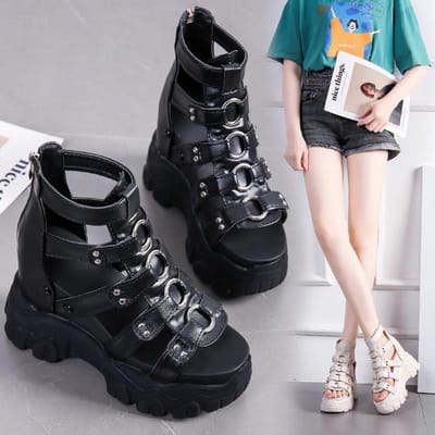 Platform Dikke Zool Dames Sandalen Zomer Chunky Sneakers Uitgesneden 11CM Sleehakken Strand Sandalen Rits aan de Achterkant Coole Laarzen 39 gray
