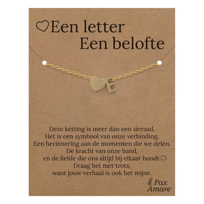 Letter E Armband op Cadeau Kaartje - Een letter, een belofte - 15,5cm + 5,5cm verstelbaar Goudkleurig Stainless Steel - Initiaal & Hartje Hanger - Pax Amare