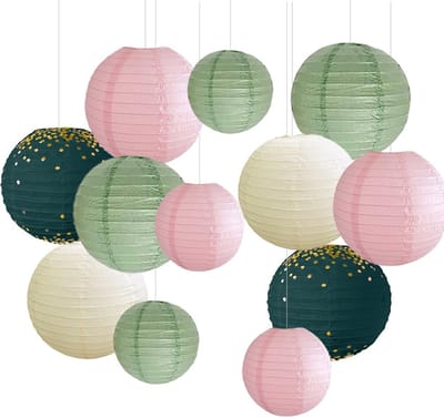 12 stuks papieren lantaarns decoraties saliegroen en roze feestdecoraties salie roze crème hangende papieren lantaarns voor bridal shower bruiloft babyshower verjaardagsfeestje decor