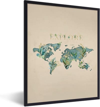 Poster in lijst - Fotolijst 60x80 cm - Posters - Wereldkaart - Turquoise - Planten - Posterlijst zwart - Decoratie - Wanddecoratie woonkamer - Muurdecoratie slaapkamer