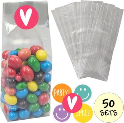50x Uitdeelzakjes Met Sluitstickers - 50 Stickers & 50 Zakjes - Blokbodemzakjes - Cellofaanzakjes - Traktatie Blokbodem Zakjes - 80 x 50 x 250mm - 50 Sets - Smile Party