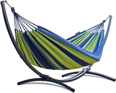 Hangmat met standaard - Dubbele hangmat - Ontspannen in de tuin - Stabiel metalen frame - 2 persoons - Groen Blauw