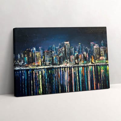 Wallfluent Foto Op Canvas Land van Bloemen - een fantasiestadje aan zee - 30 x 20 cm - Blauw Schilderij Canvas - Steden Canvas Foto - Imitatie van een olieverfschilderij Print Op Doek - Steden Schilderijen Op Canvas Doek