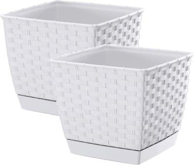 Prosperplast Plantenpot/bloempot - 2x - rotan kunststof - 14.5 x 14.5 cm - parel wit
