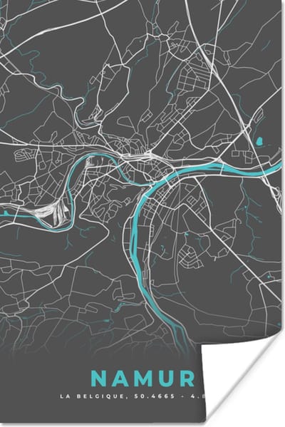 Poster Plattegrond – Namur – Blauw – Stadskaart - Kaart - België - 120x180 cm XXL