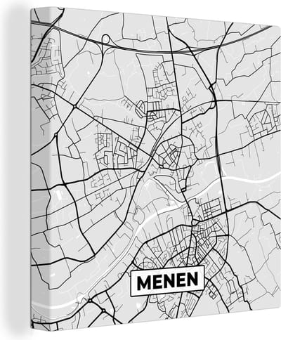 Canvas Schilderij Stadskaart – Plattegrond – België – Zwart Wit – Menen – Kaart - 20x20 cm - Wanddecoratie