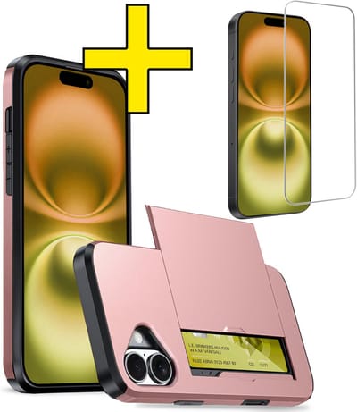 Hoesje Geschikt voor iPhone 16 Hoesje Case Pashouder Hard Cover Met Screenprotector - Hoes Geschikt voor iPhone 16 Hoesje Met Kaarthouder - Rosé goud