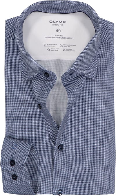 OLYMP 24/7 Level 5 body fit overhemd - tricot - marine blauw dessin - Strijkvriendelijk - Boordmaat: 42 (EU maat: L)