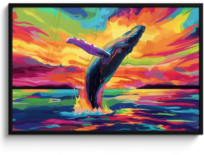 Poster in lijst - Fotolijst 120x80 cm - Posters - Zonsondergang - Walvis - Geschilderd - Kleurrijk - Posterlijst zwart - Decoratie - Wanddecoratie woonkamer - Muurdecoratie slaapkamer