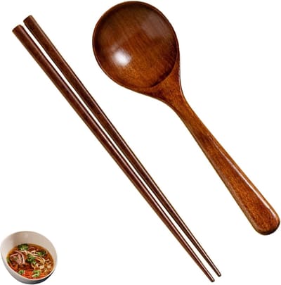 Eetstokjes en lepels, van hout, Aziatische soeplepel, Japanse Ramenlepel, herbruikbare eetstokjes hout, serveerlepel, eetlepel, houten servies keuken (20 cm)