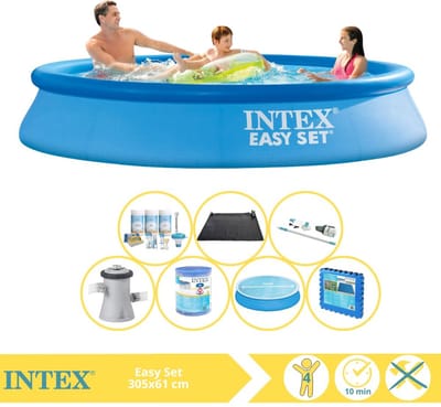 Intex Rond Opblaasbaar Easy Set Zwembad - 305 x 61 cm - Blauw - Inclusief Solarzeil - Onderhoudspakket - Zwembadfilterpomp - Filter - Stofzuiger - Solar Mat - Vloertegels - 8-delig