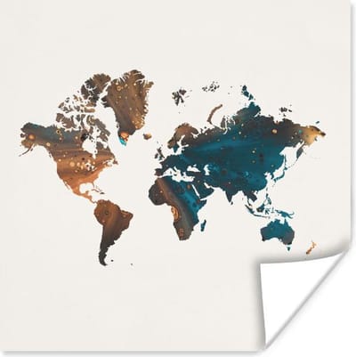 Poster 30x30 cm - Wereldkaart - Blauw - Oranje - Posters - Kamer decoratie - Wanddecoratie woonkamer - Muurdecoratie slaapkamer