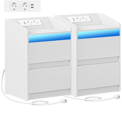 Nachttafel-Set van 2 nachtkastjes met LED-verlichting en stekkerdoos-2 lades en 1 open vak- voor slaapkamer, woonkamer- modern- WIT.