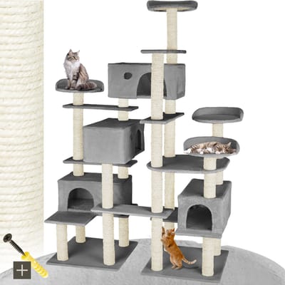 tectake® Grote kattenkrabpaal - Krabpaal met accessoires - XXL krabpaal met 4x kattenhuisjes - Speeltoren met ligplaatsen, sisal palen - Wandmontage mogelijk - Hoogte 214cm - Grijs
