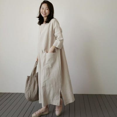 Nieuwe Katoen en Linnen Jurk Dames Midilengte Koreaanse Stijl Losse Grote Maat Grote Zak Linnen Casual Rok S beige