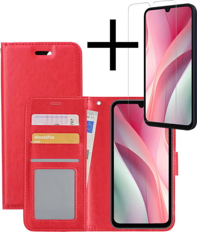 Hoesje - Met Screenprotector - Geschikt voor Samsung Galaxy A15 - Luxe Pasjeshouder - Bookcase Portemonee - Flip Case - Kunstleer Book Case - Flipcase - Book Cover - Walletcase - Portemonneehoes - Rood