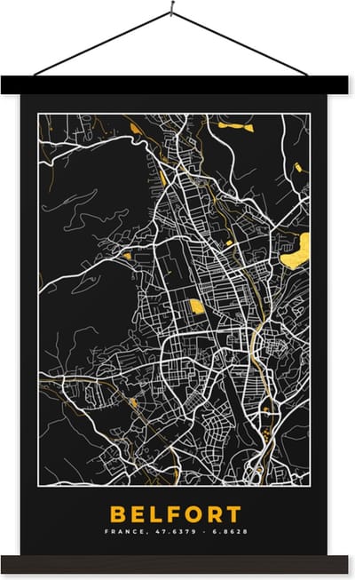 Posterhanger incl. Poster 40x60 cm - Schoolplaat - Plattegrond - Kaart - Belfort - Frankrijk - Stadskaart - Textielposter - Zwarte latten - Stadskaart