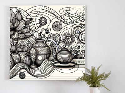 Line art stilleven schilderij | Stilleven van levenloze lijnen: een kunstzinnige oase van rust | Kunst - 40x40 centimeter op Canvas | Foto op Canvas