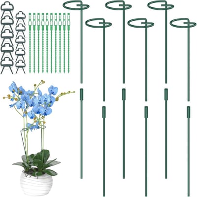 Famanu 6 stuks plantensteunpalen, 30 cm, 60 cm, 90 cm, verstelbare tuin enkele steel metalen plantensteunringen, met 10 orchideeënclips en twistties voor pioenrozen en tomaten