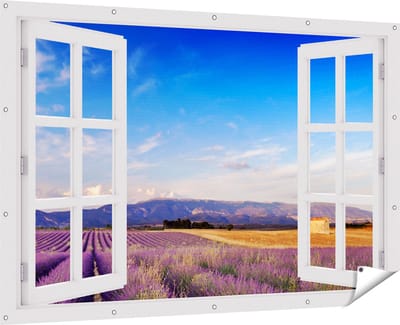 Gards Tuinposter Doorkijk Raam met Lavendel Veld - 180x120 cm - Tuindoek - Tuindecoratie - Wanddecoratie buiten - Tuinschilderij