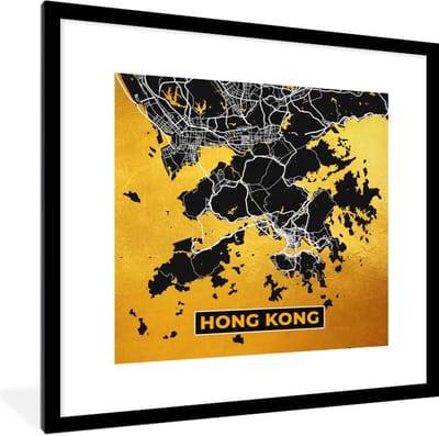 Fotolijst incl. Poster - Hong Kong - Goud - Stadskaart - Plattegrond - Kaart - 40x40 cm - Posterlijst